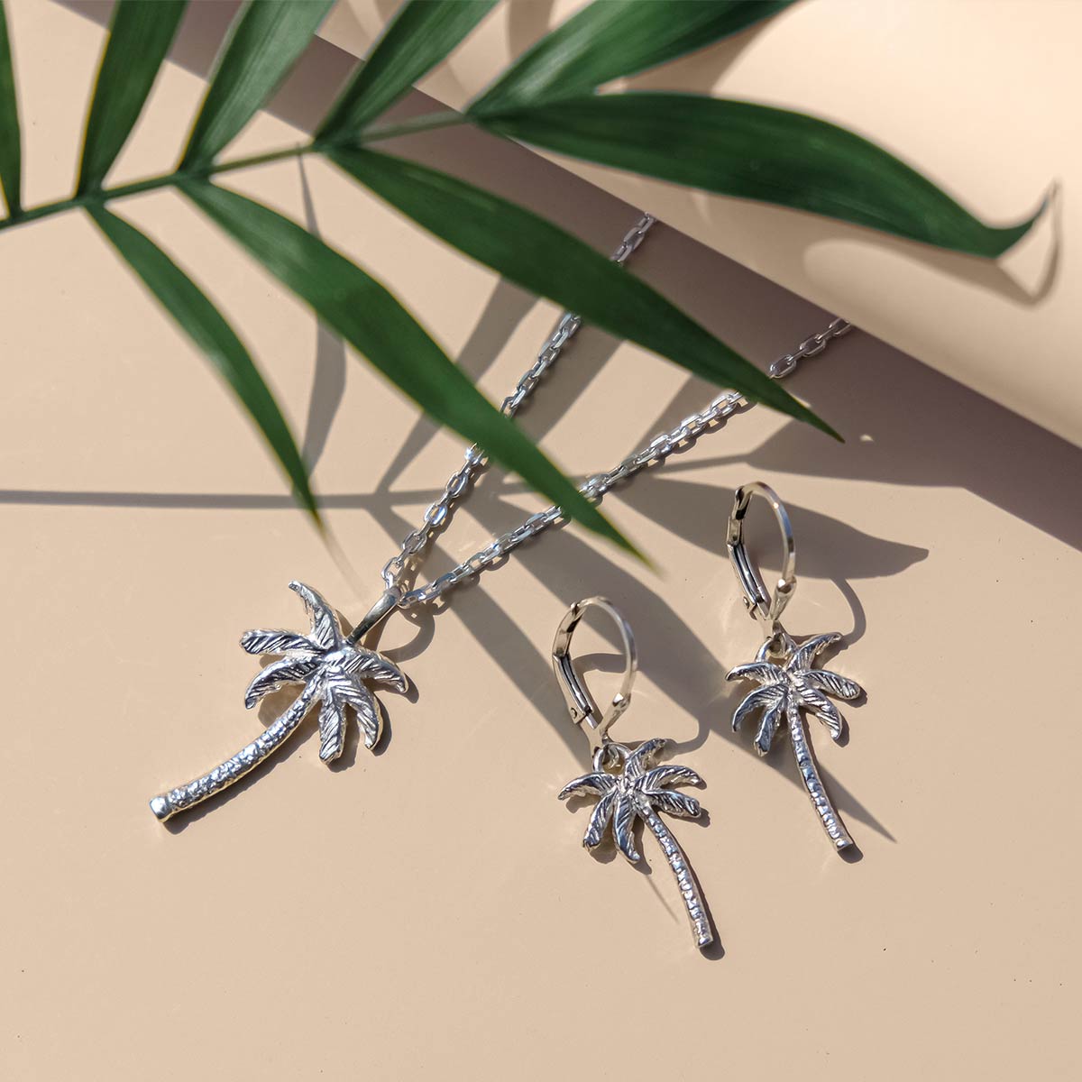 Silver Palm Tree Drop Earrings and Necklace