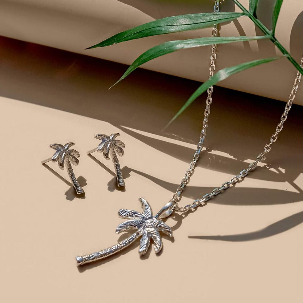 Silver Palm Tree Necklace and stud earrings