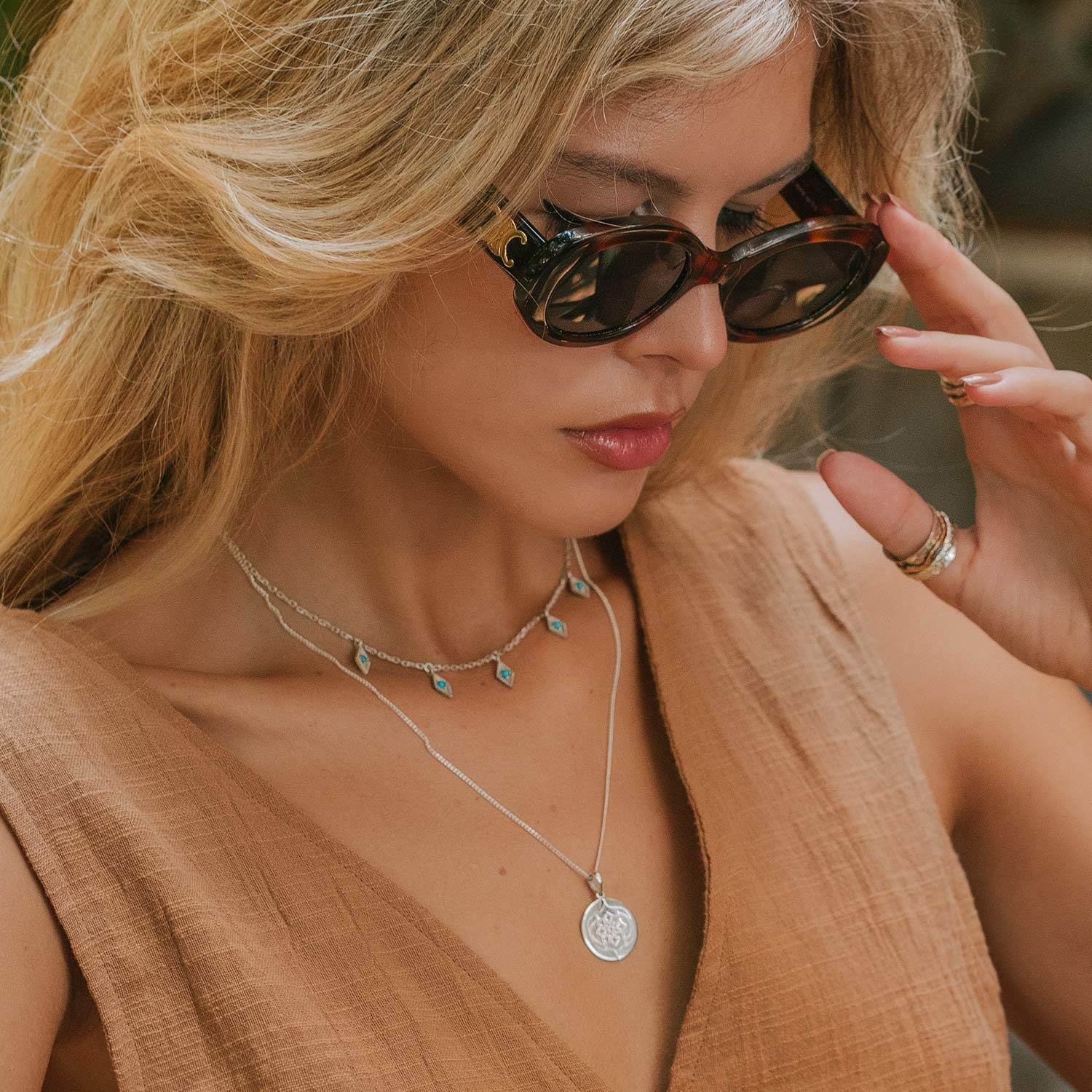 Turquoise and silver charm necklace, Sterling silver and turquoise necklace, December birthstone necklace