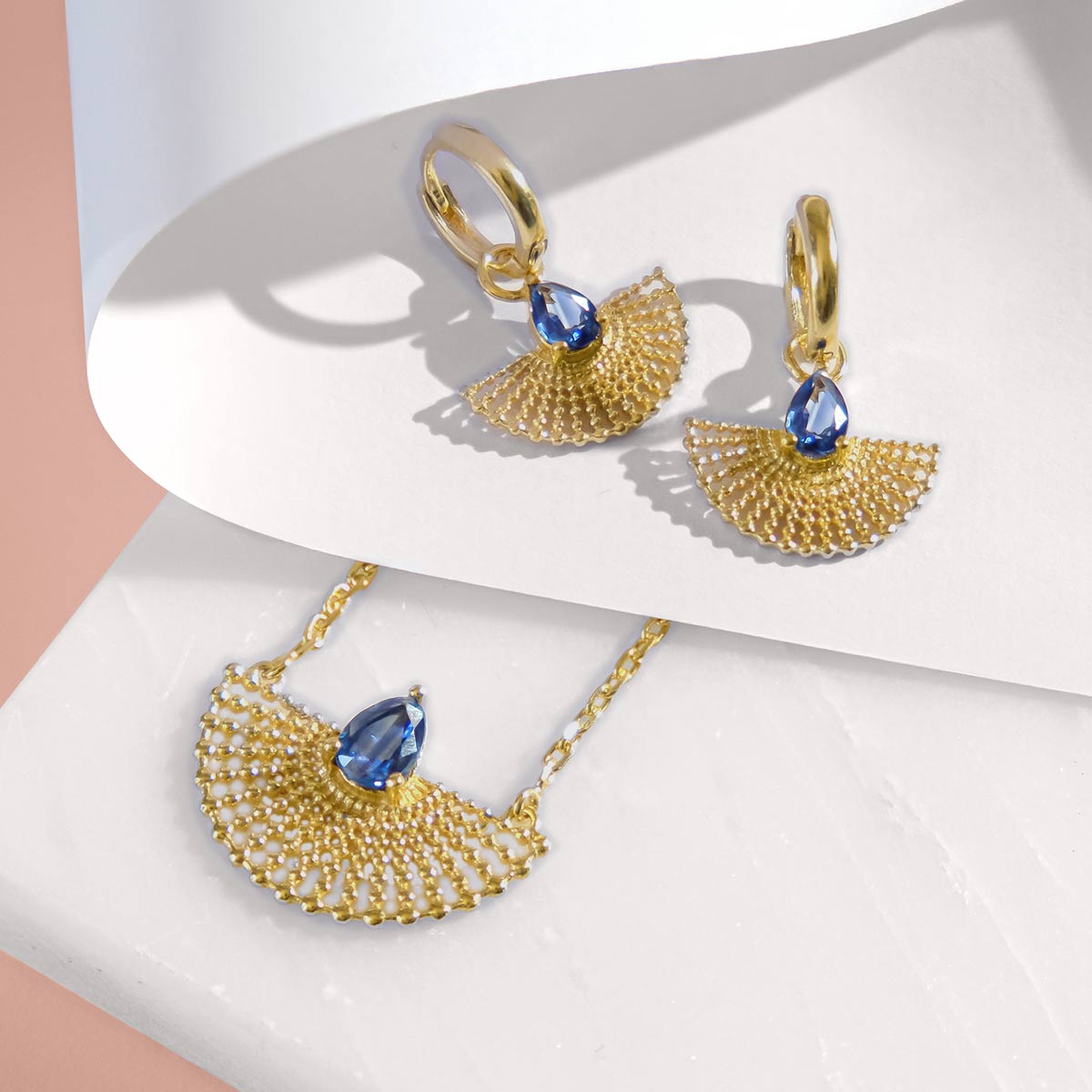 Surya Gold Plated Kyanite Fan Necklace and Earrings