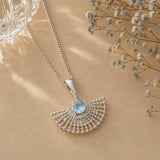 Blue Topaz Fan Necklace, Sterling Silver Fan Necklace, Delicate Blue Gemstone Necklace