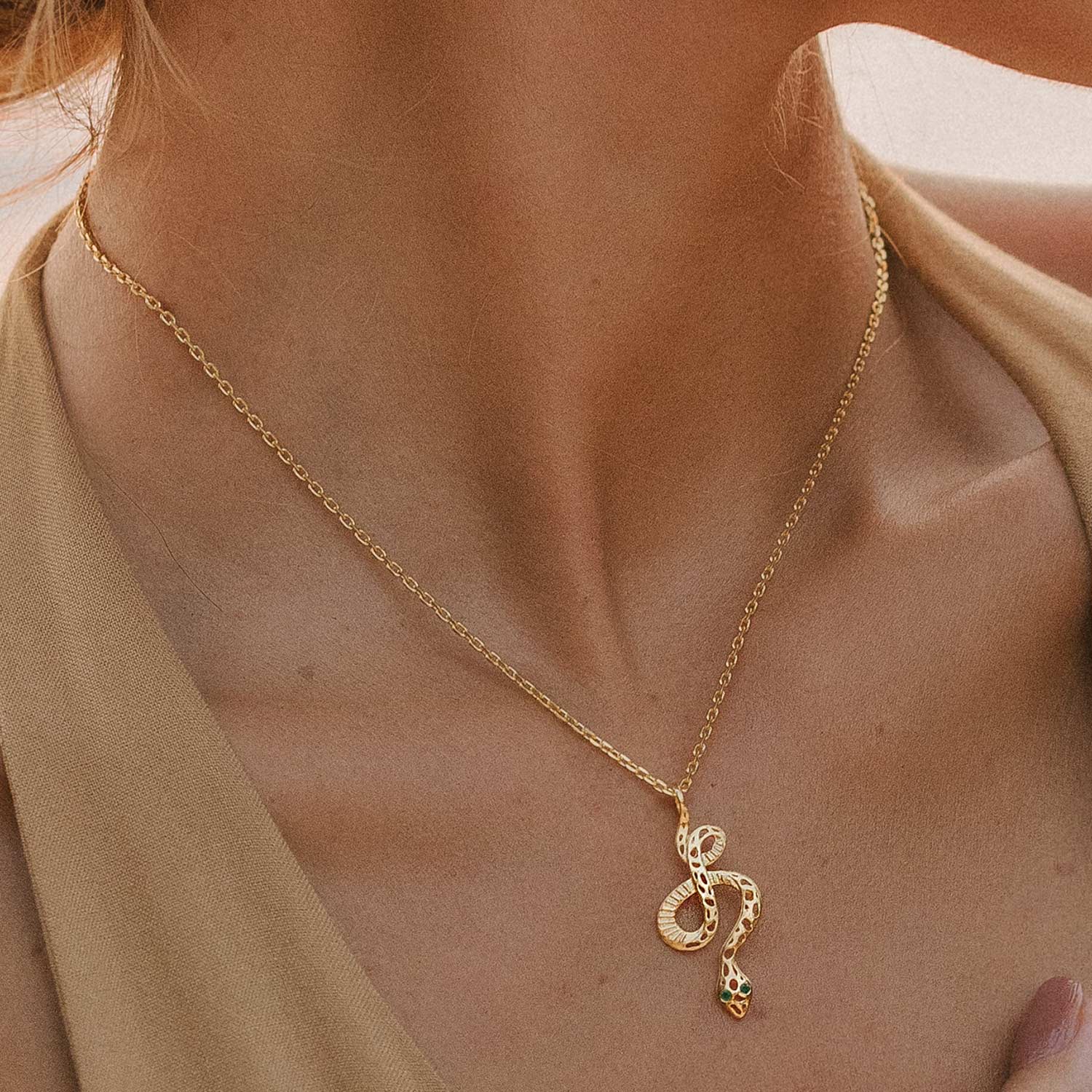 Gold Snake Necklace, Unique Gold Snake Necklace, Gold Serpent Necklace, Emerald Snake Necklace in Gold
