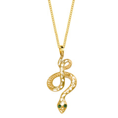 Gold Snake Pendant, Gold Snake Necklace, Gold Serpent Necklace, Gold and Emerald Snake Necklace, May Birthstone