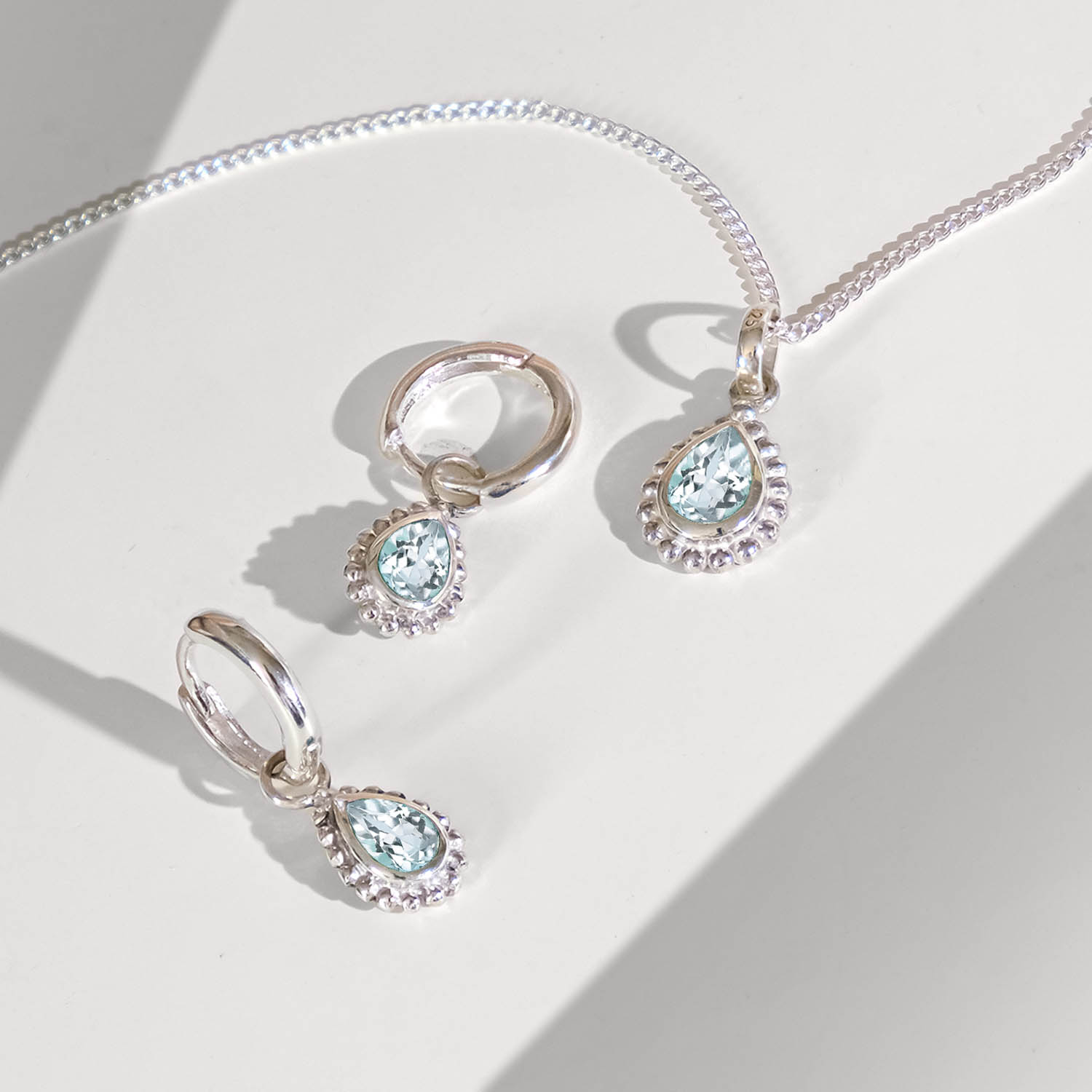 Aquamarine Silver Pear Shaped Necklace and Huggie Hoop Set, Gift for Her, March Birthstone