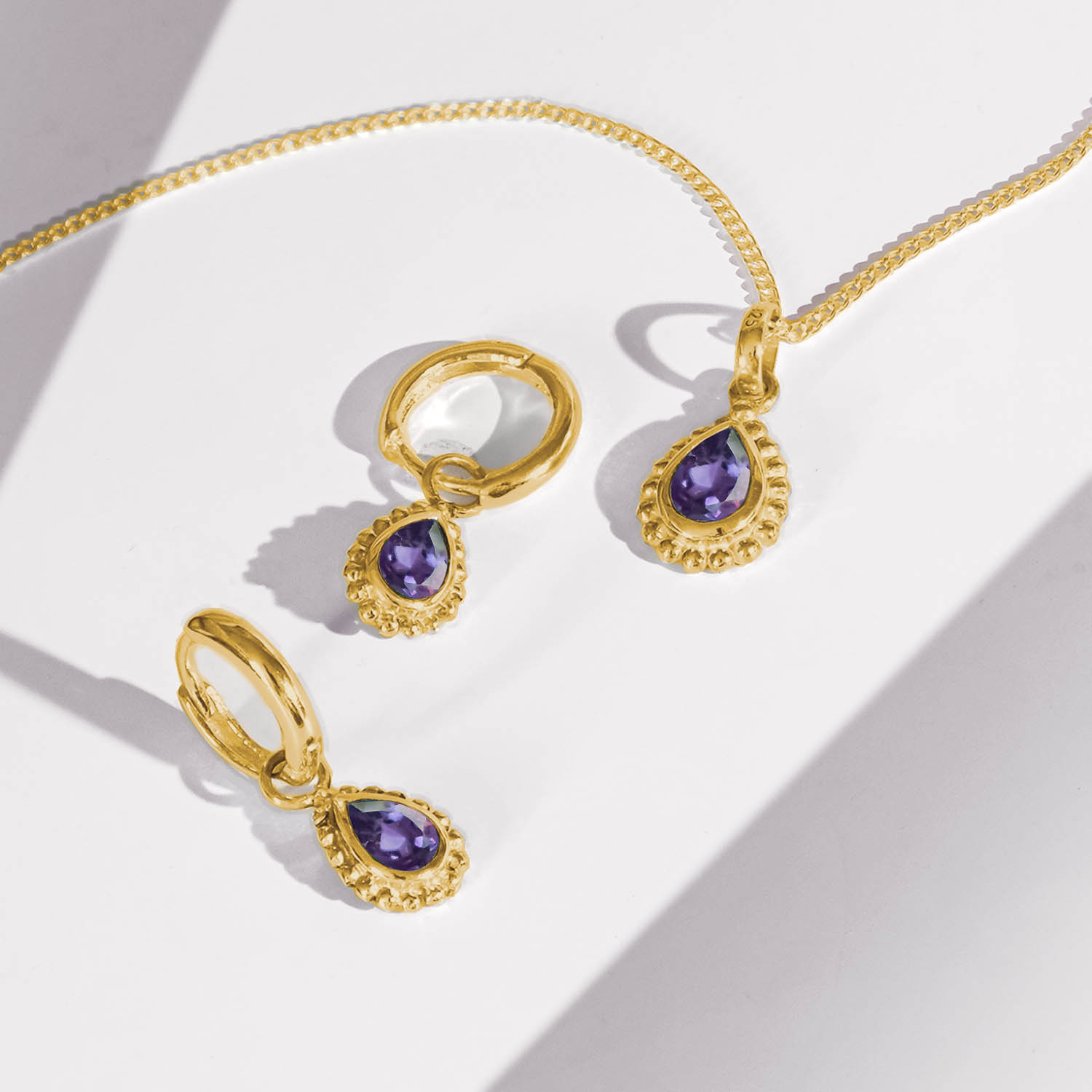 Amethyst Gold Pear Shaped Necklace and Huggie Hoop Set, Gift for Her, February Birthstone