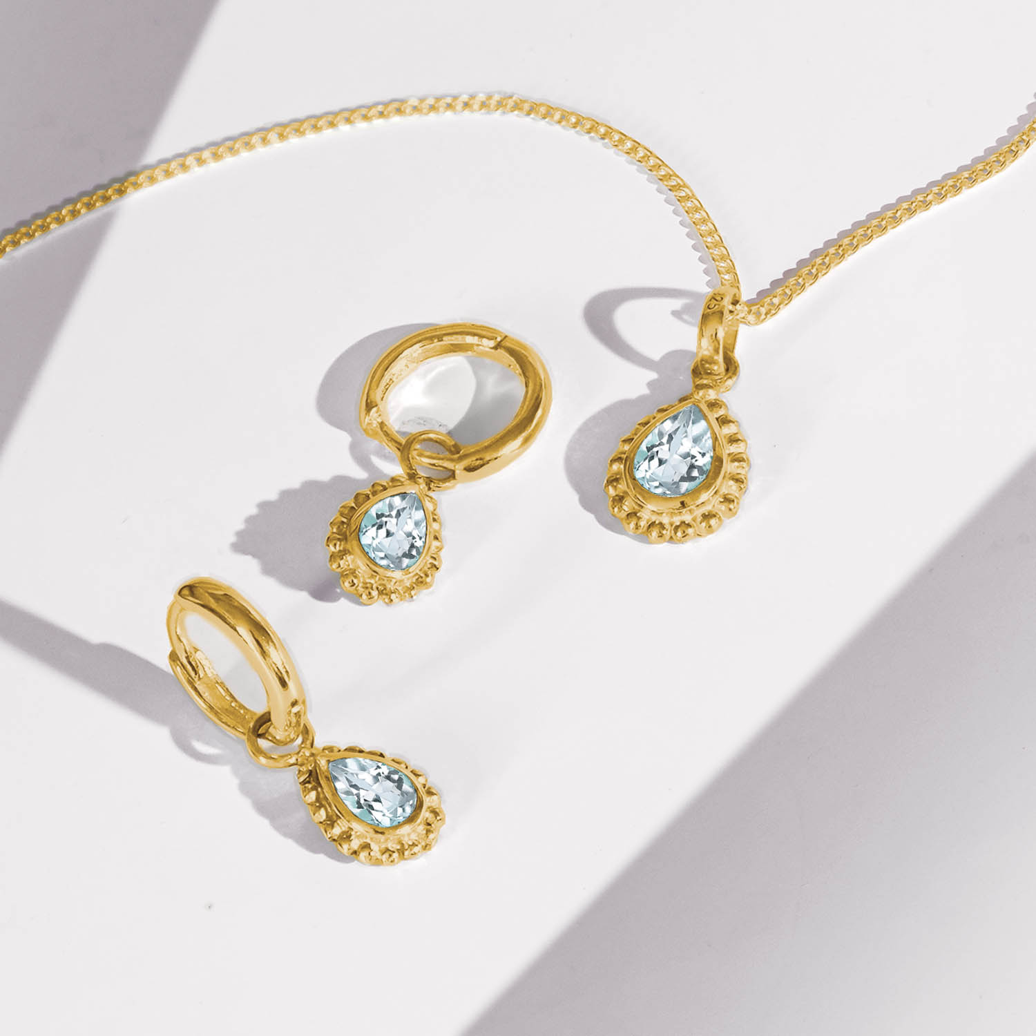 Aquamarine Gold Pear Shaped Necklace and Huggie Hoop Set, Gift for Her, March Birthstone