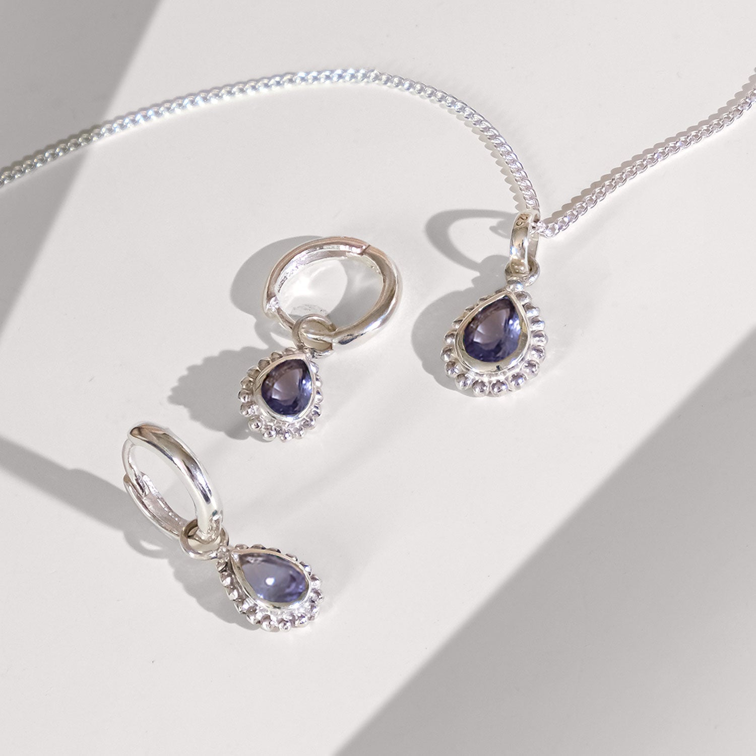 Tanzanite Silver Necklace and Huggie Hoop Earrings Set