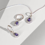 Amethyst Silver Pear Shaped Necklace and Huggie Hoop Set, Gift for Her, February Birthstone