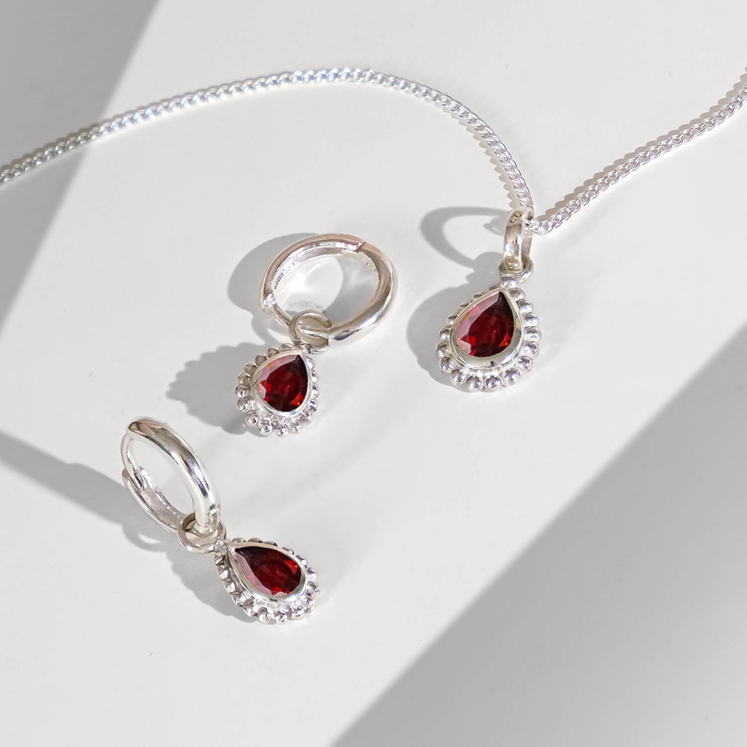 Garnet Silver Pear Shaped Necklace and Huggie Hoop Set, Gift for Her, January Birthstone