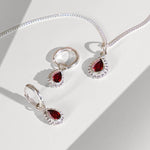 Garnet Silver Pear Shaped Necklace and Huggie Hoop Set, Gift for Her, January Birthstone