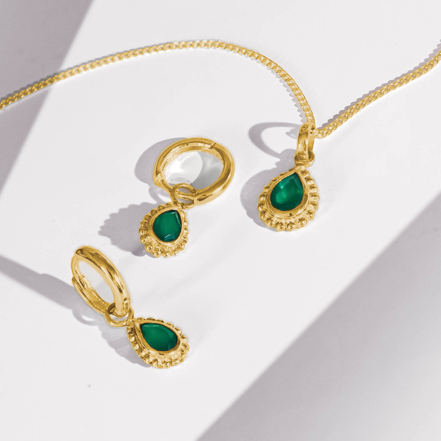 Green onyx Gold Pear Shaped Necklace and Huggie Hoop Set, Gift for Her, May Birthstone