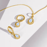 Moonstone Gold Pear Shaped Necklace and Huggie Hoop Set, Gift for Her, June Birthstone