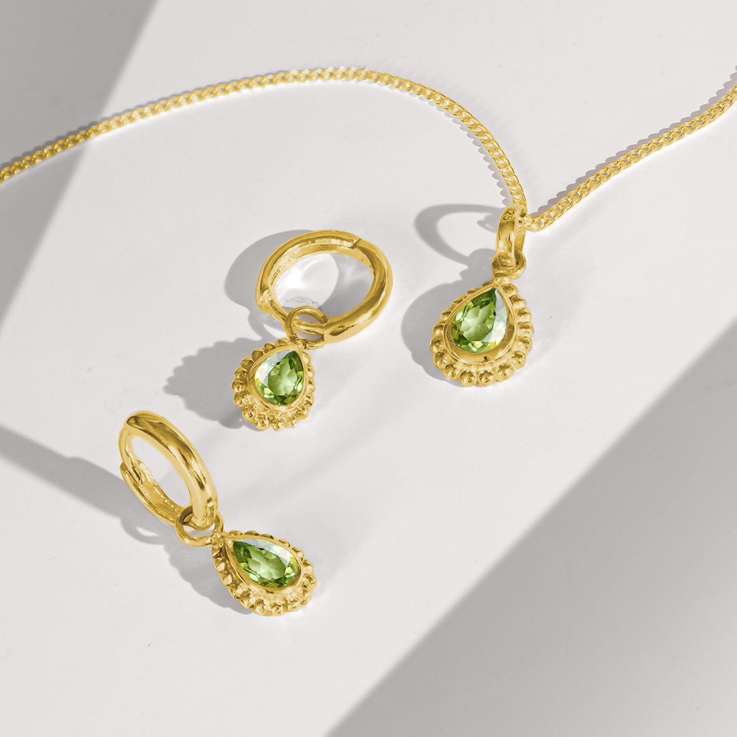 Peridot Gold Pear Shaped Necklace and Huggie Hoop Set, Gift for Her, August Birthstone