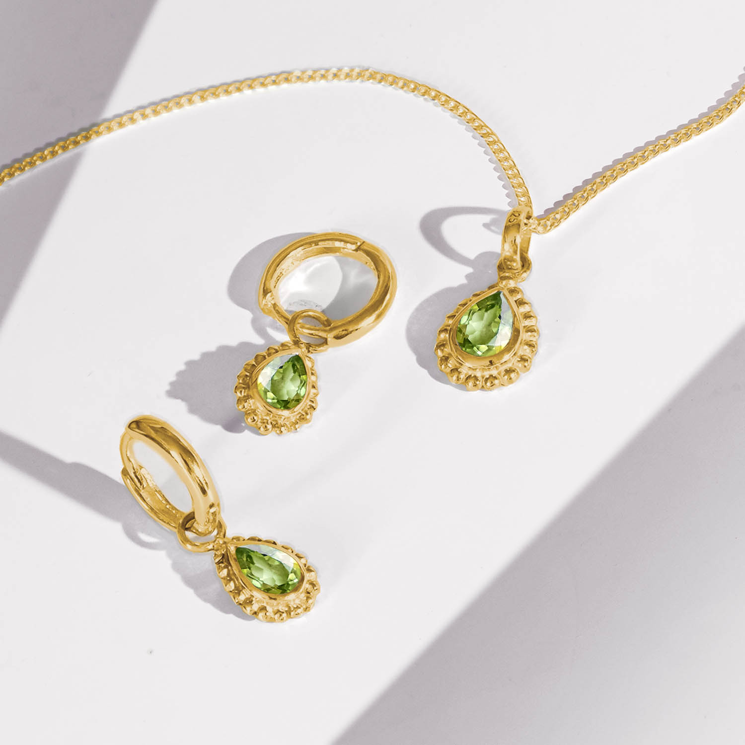 Peridot Gold Pear Shaped Necklace and Huggie Hoop Set, Gift for Her, August Birthstone