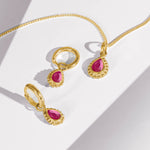 Ruby Gold Pear Shaped Necklace and Huggie Hoop Set, Gift for Her, July Birthstone