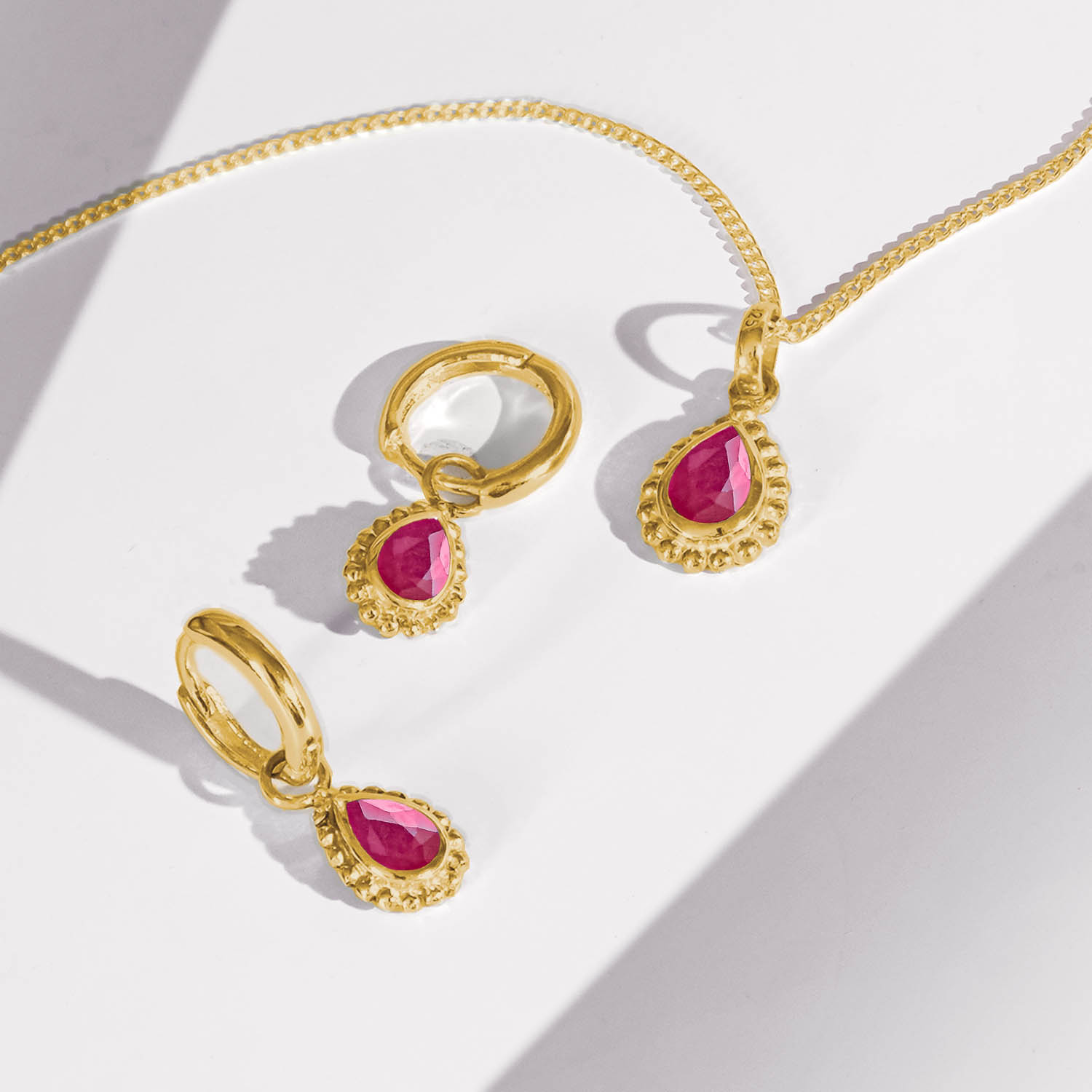 Ruby Gold Pear Shaped Necklace and Huggie Hoop Set, Gift for Her, July Birthstone