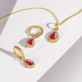 Ruby Gold Pear Shaped Necklace and Huggie Hoop Set, Gift for Her, July Birthstone