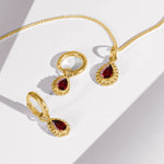 Garnet Gold Pear Shaped Necklace and Huggie Hoop Set, Gift for Her, January Birthstone