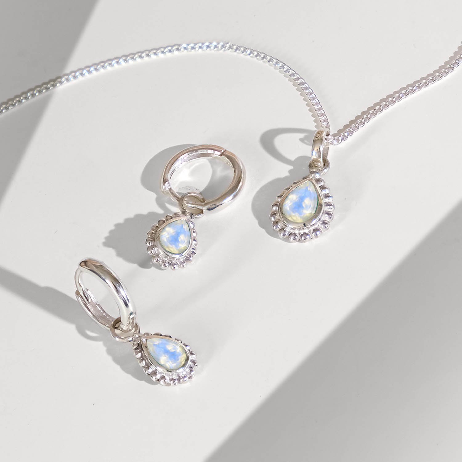 Moonstone Silver Pear Shaped Necklace and Huggie Hoop Set, Gift for Her, June Birthstone