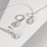 Moonstone Silver Pear Shaped Necklace and Huggie Hoop Set, Gift for Her, June Birthstone