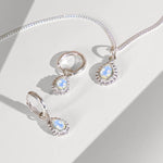 Moonstone Silver Pear Shaped Necklace and Huggie Hoop Set, Gift for Her, June Birthstone