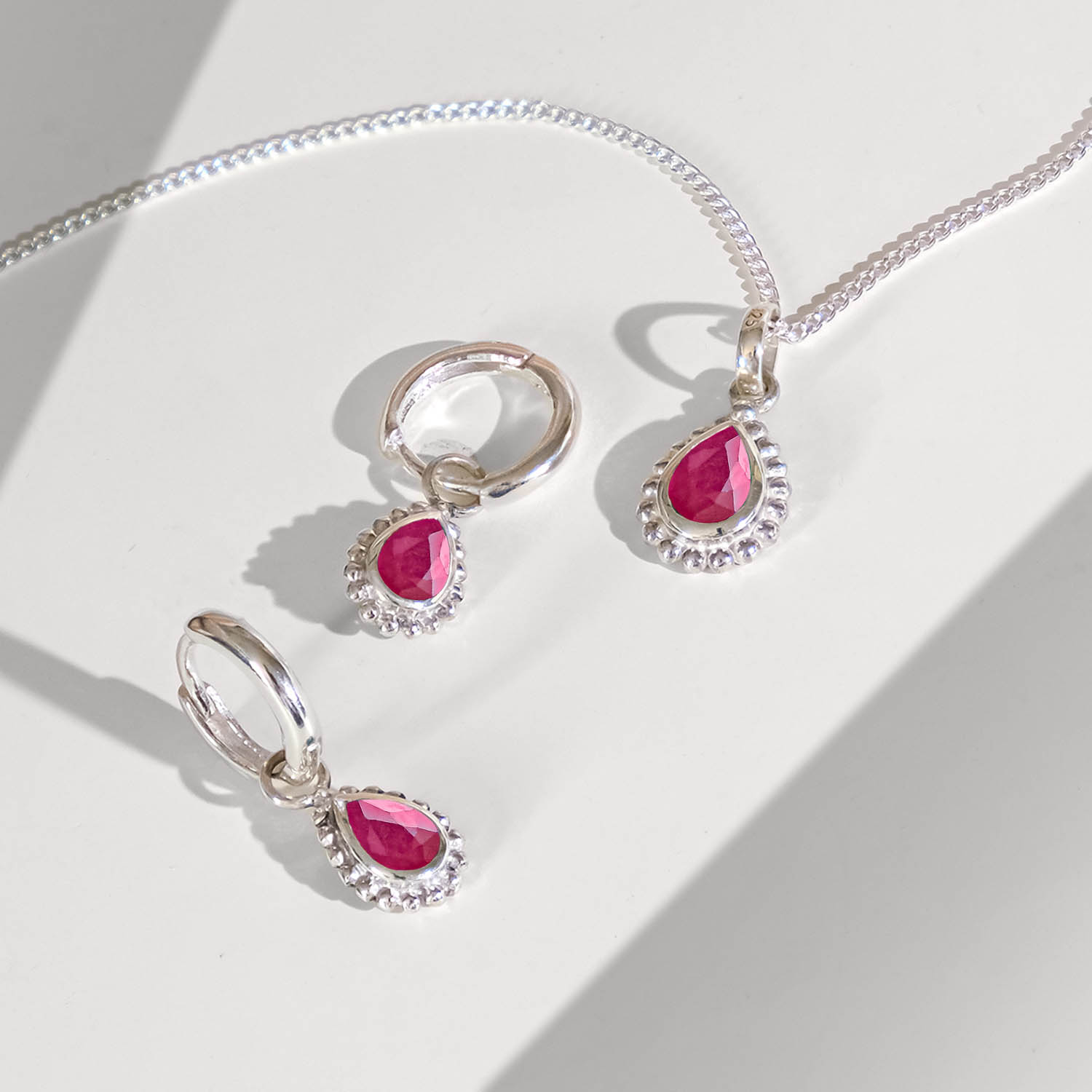 Ruby Pear Shaped Necklace and Huggie Hoop Set, Gift for Her, July Birthstone