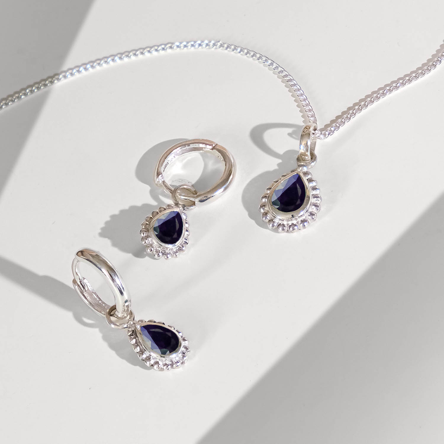 Black Sapphire Silver Pear Shaped Necklace and Huggie Hoop Set, Gift for Her, September Birthstone