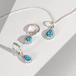 Turquoise Silver Pear Shaped Necklace and Huggie Hoop Set, Gift for Her, December Birthstone