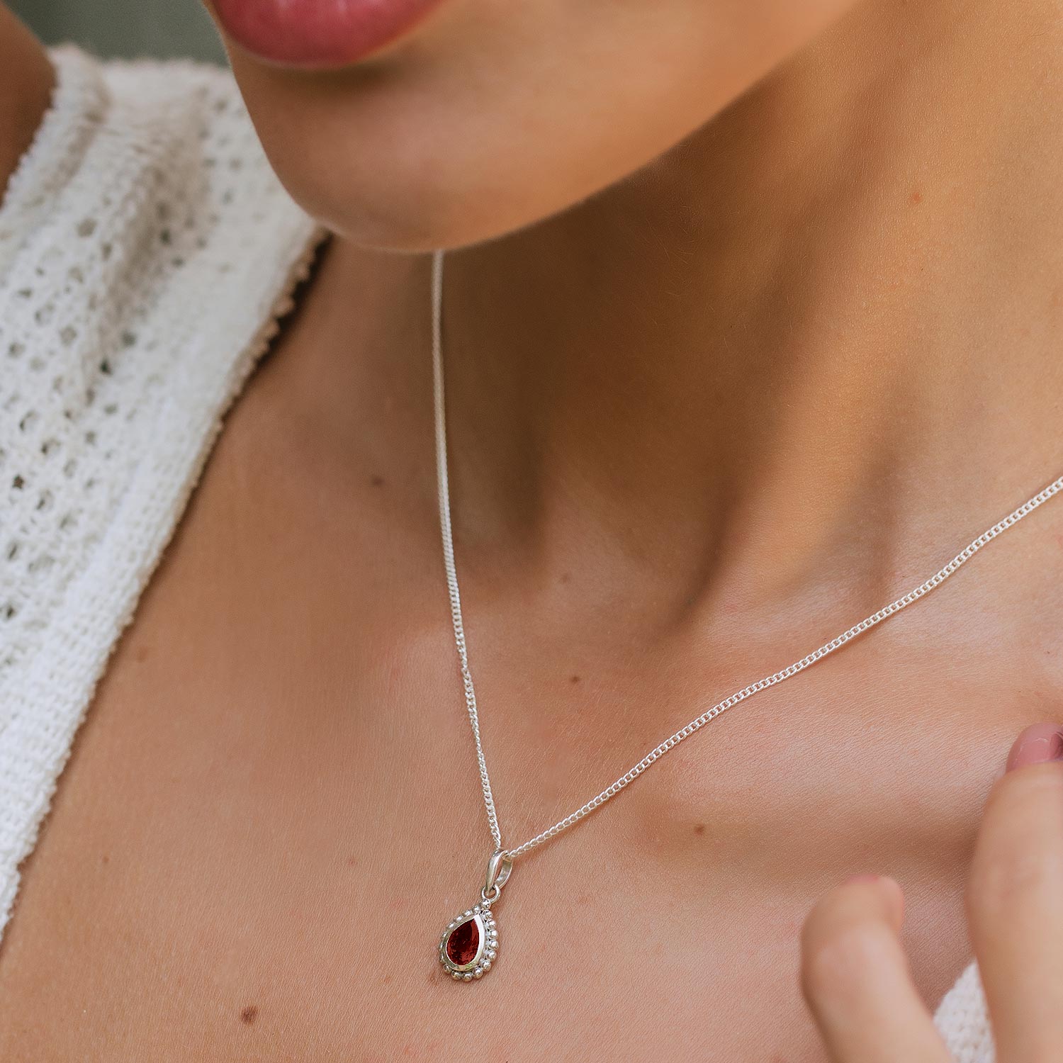 Garnet January Birthstone Silver Necklace