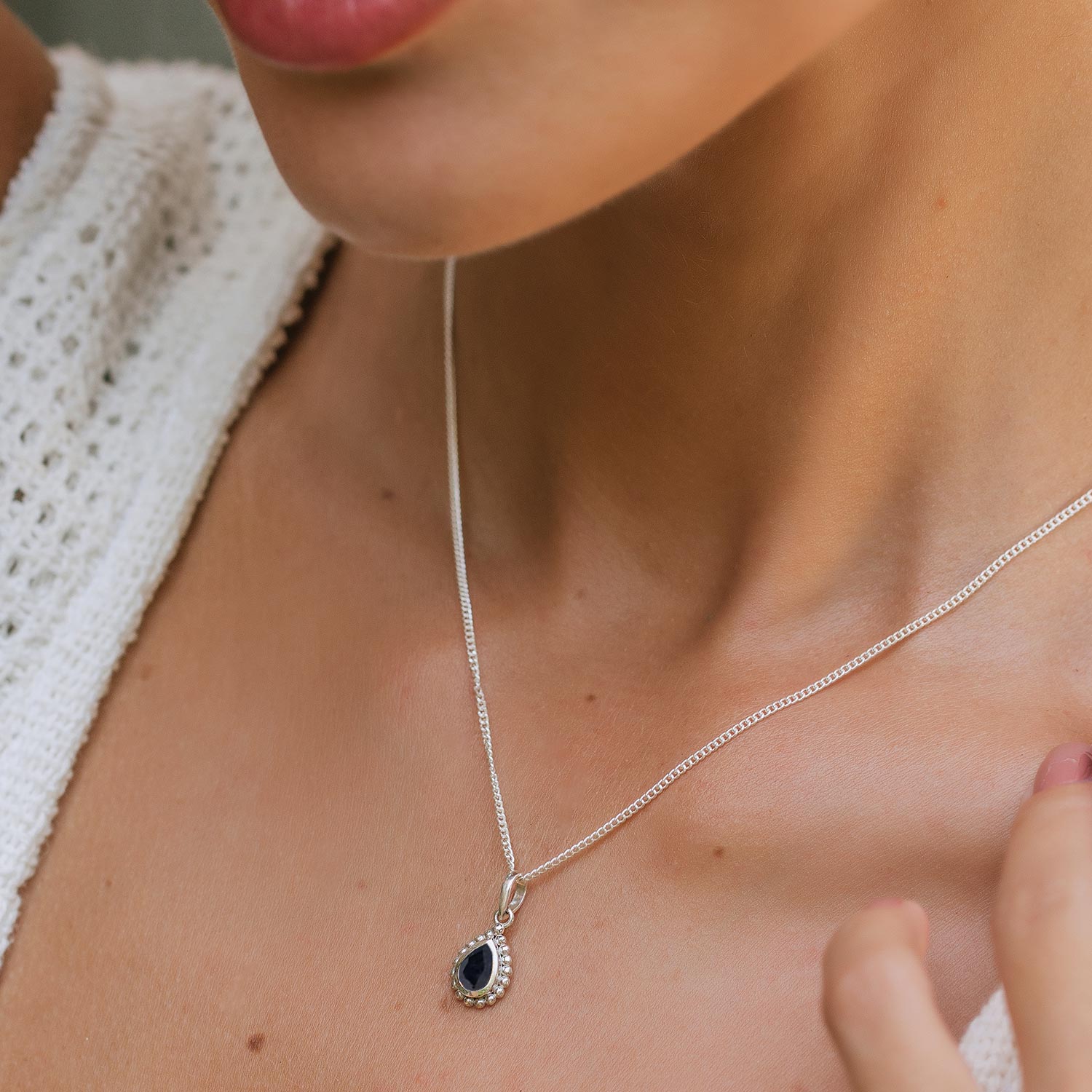 Sapphire September Birthstone Silver Pear Shaped Pendant