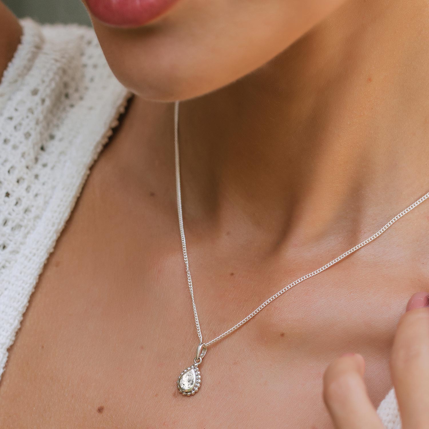 April Birthstone Silver Pear Shaped Pendant Necklace