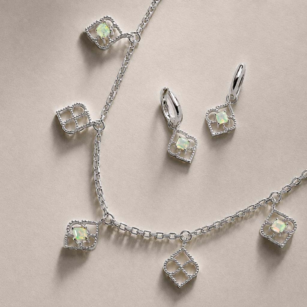Sterling Silver and Opal Necklace and Earring Set, October Birthstone Jewellery, Handmade Silver and Opal Charm Necklace and Earrings