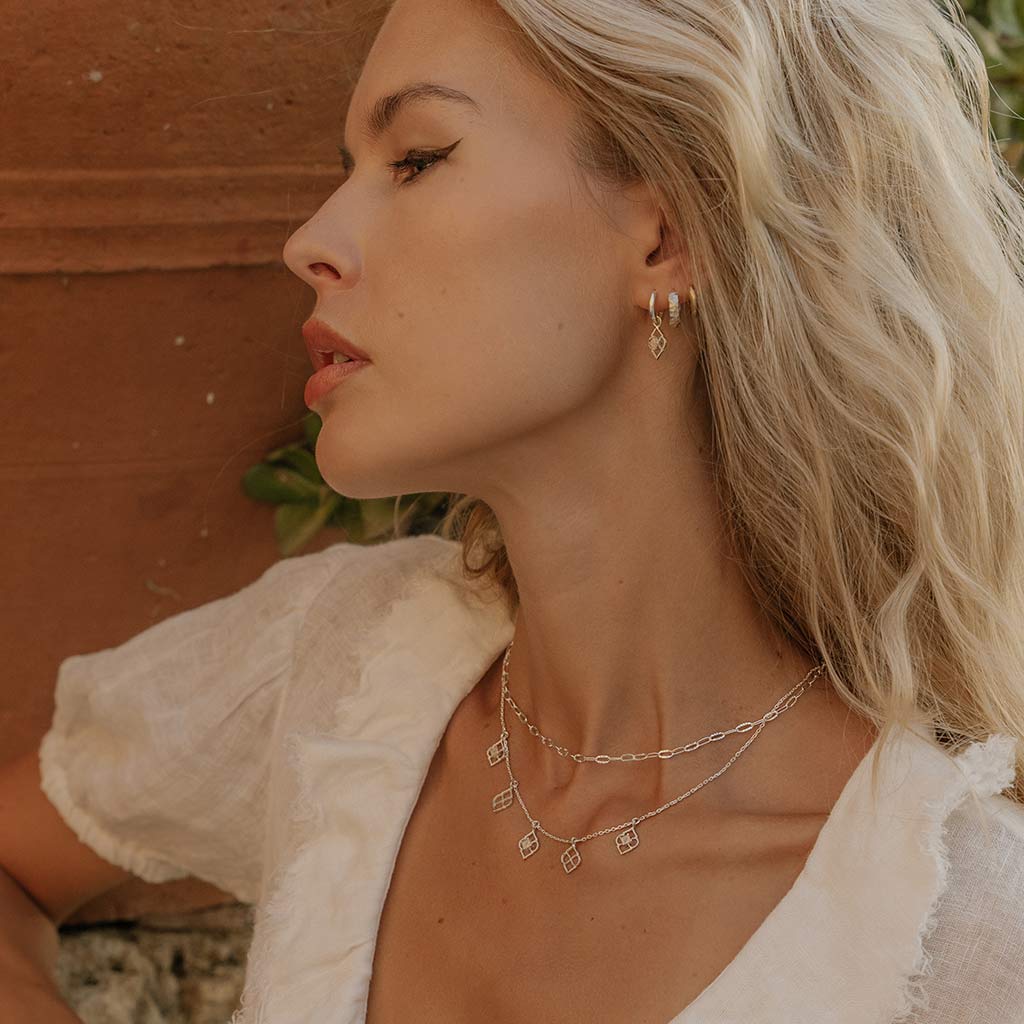 Opal Charm Necklace and Earring Set, Silver Opal Charm Necklace and Huggie Hoops Set, Opal Necklace and Earring Set, October Birthstone Necklace and Earrings Gift Set, Opal Choker
