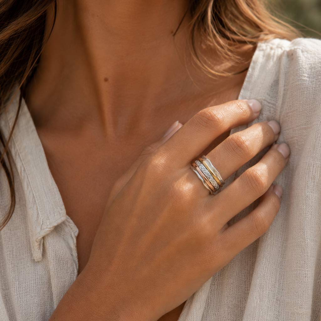 Mixed Metal Wavy Edge Spinning Ring, Mixed Metal Spin Ring, Silver Spinner Ring