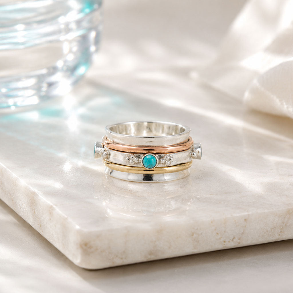 Turquoise Spinning Ring, Cubic Zirconia Spinning Ring, Mixed Metal Spinning Ring, December Birthstone, April Birthstone, Spin Ring