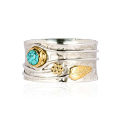 Silver Ring with Turquoise Stone and Flower Accent, Secret Garden Silver and Turquoise Ring, Turquoise Silver Ring, Mixed Metal Turquoise Ring, December Birthstone Ring