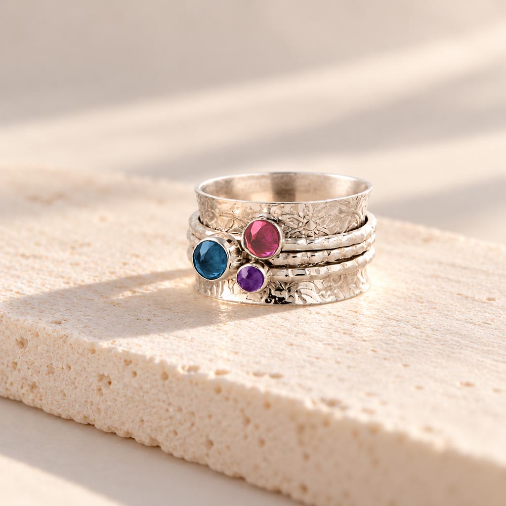 Gemstone Spinning Ring, Floral Embossed Spinning Ring, Sterling Silver Gemstone Spinner Ring, Sapphire Spin Ring, Garnet Spinner Ring, Amethyst Spinning Ring