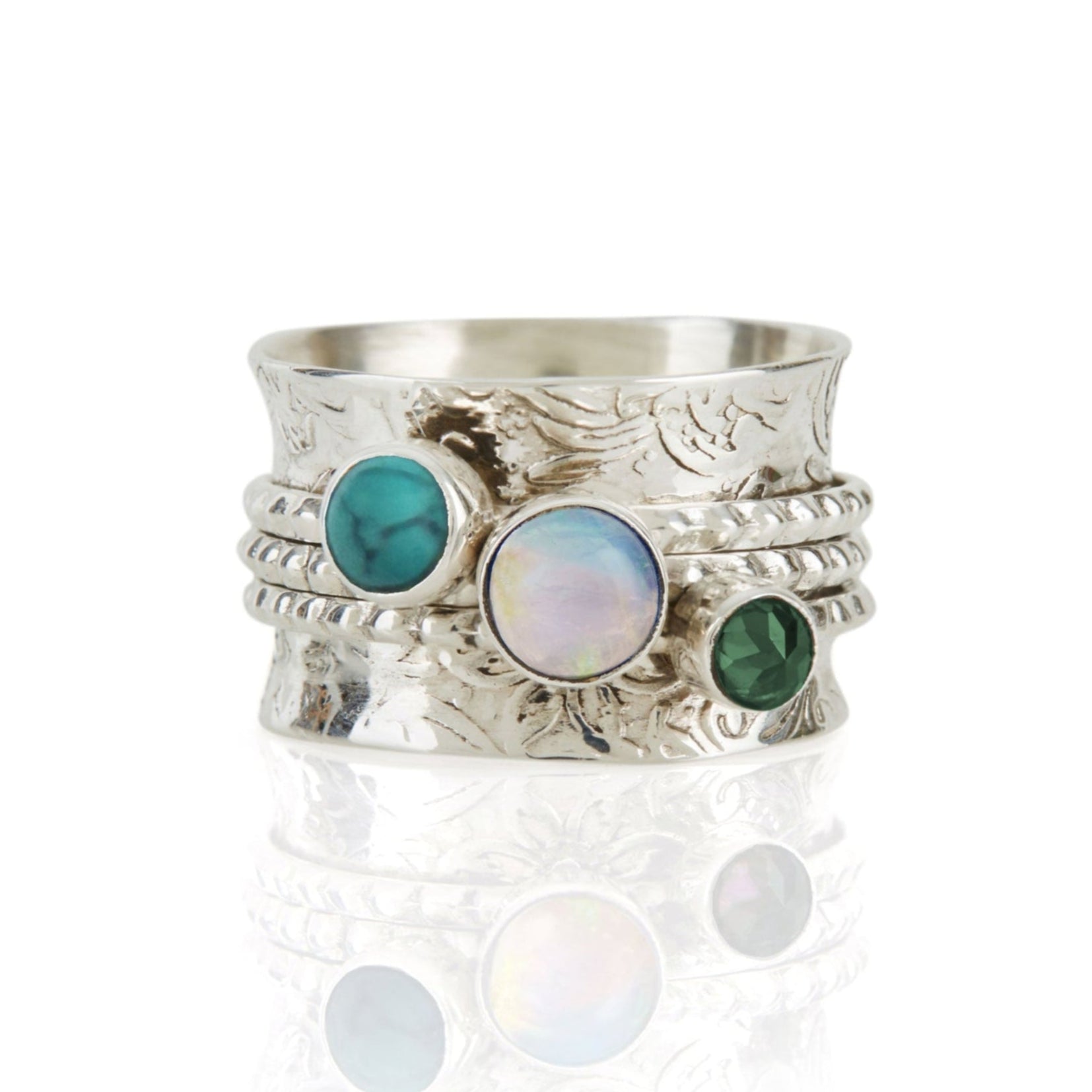Turquoise, Opal and Emerald Spinning Ring, December Birthstone, October Birthstone, May Birthstone, Birthstone Silver Spinning Ring, Gemstone Silver Spinning Ring