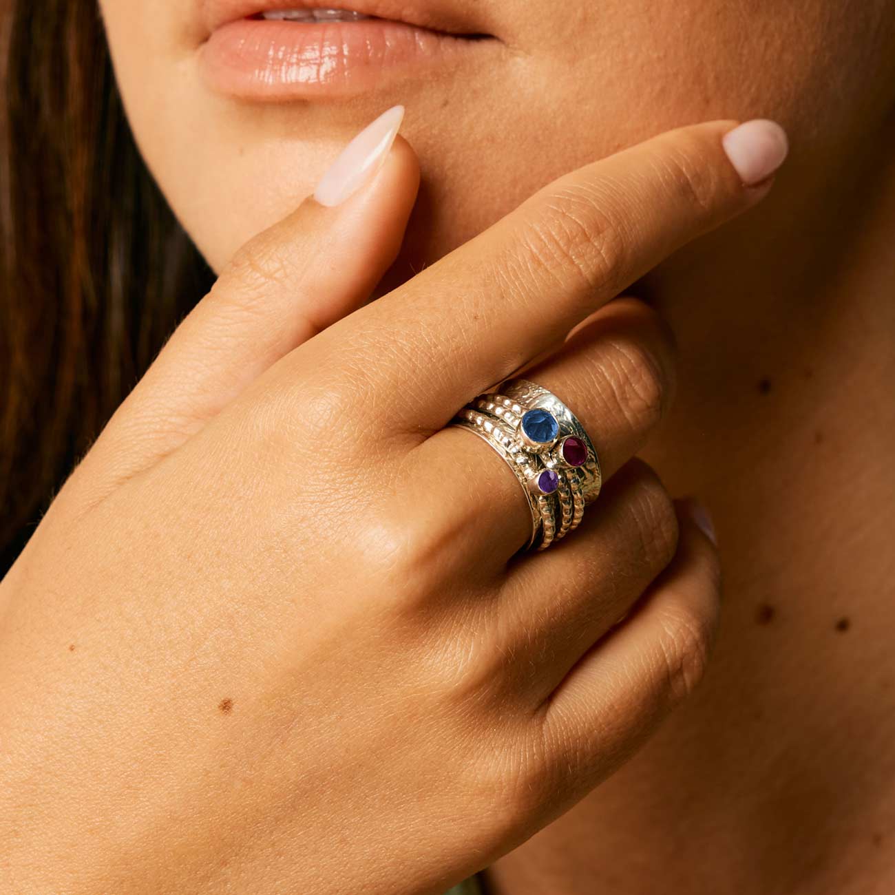 Sapphire, Rhodolite and Amethyst Silver Spinning Ring