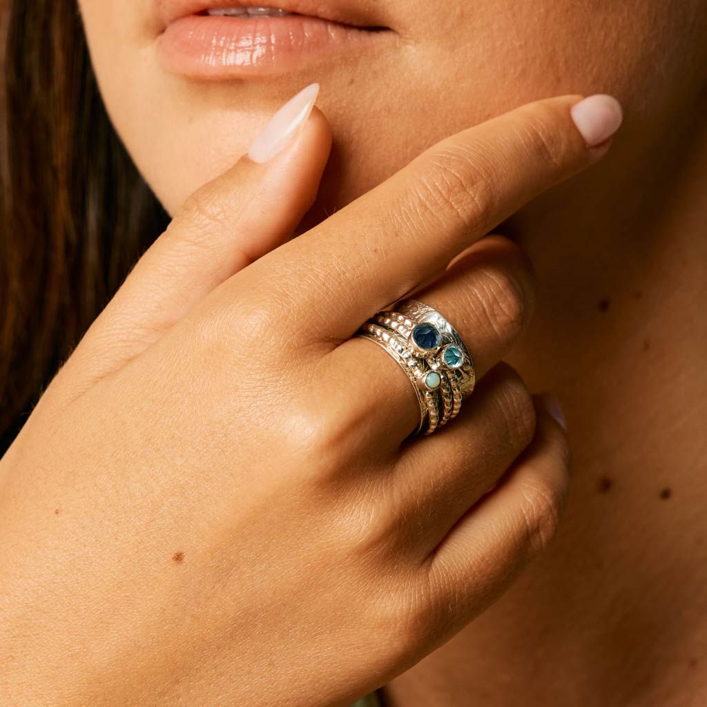 Gemstone Triple Band Spinning Ring, Sterling Silver Gemstone Spinning Ring, Blue Gemstone Spin Ring, Calming Spinning Ring