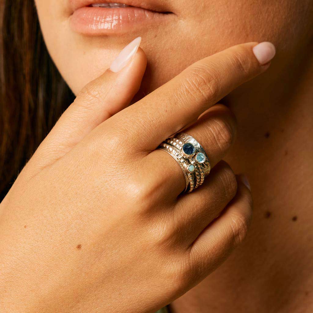 Gemstone Triple Band Spinning Ring, Sterling Silver Gemstone Spinning Ring, Blue Gemstone Spin Ring, Calming Spinning Ring