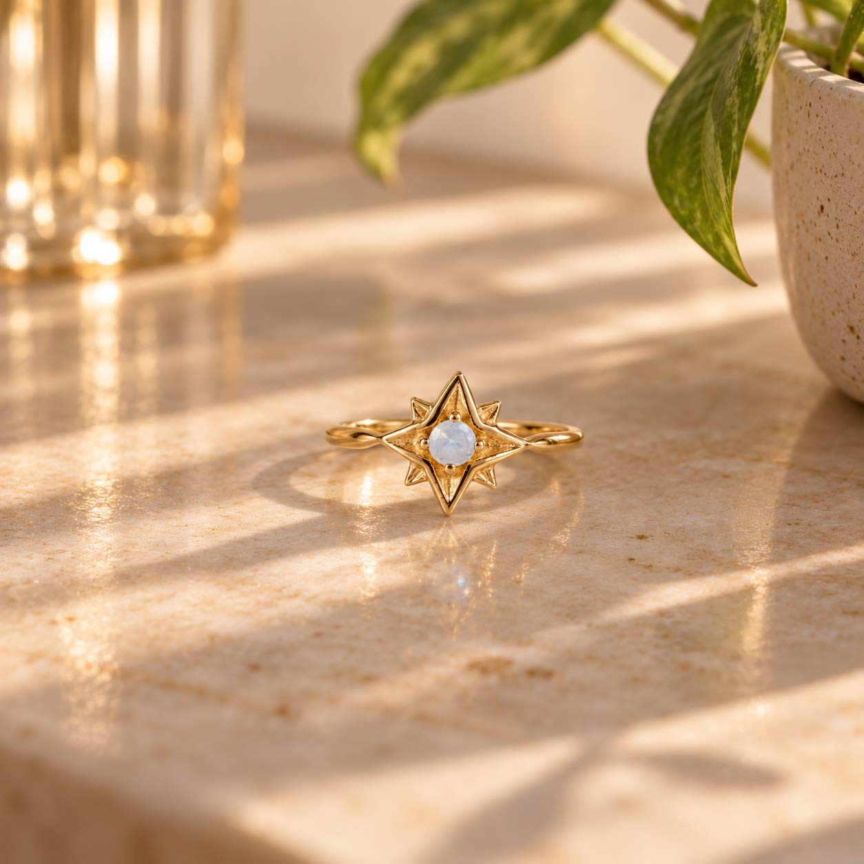 Gold Star Stacking Ring, Star Ring, Moonstone Star Ring, Moonstone Stacking Ring, Gold Moonstone Ring