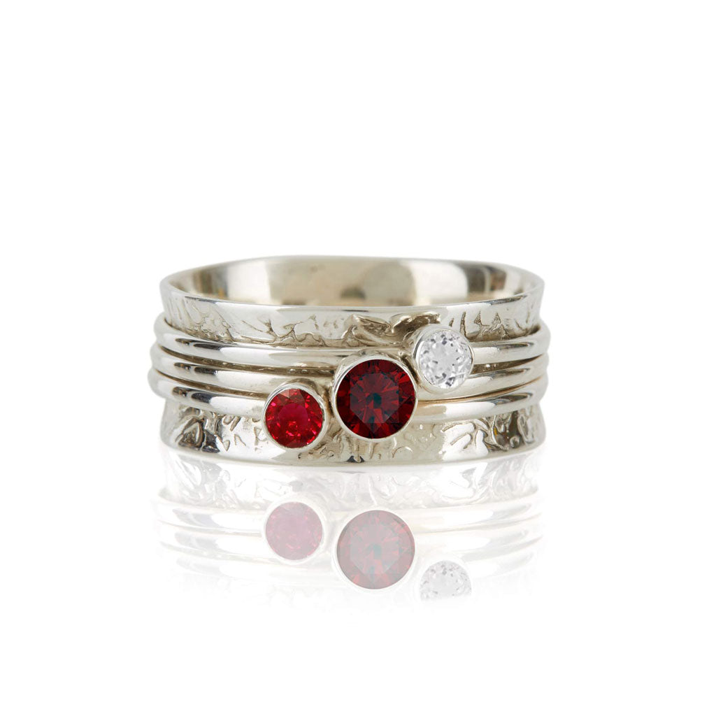 Garnet, White Topaz and Ruby Silver Spinning Ring