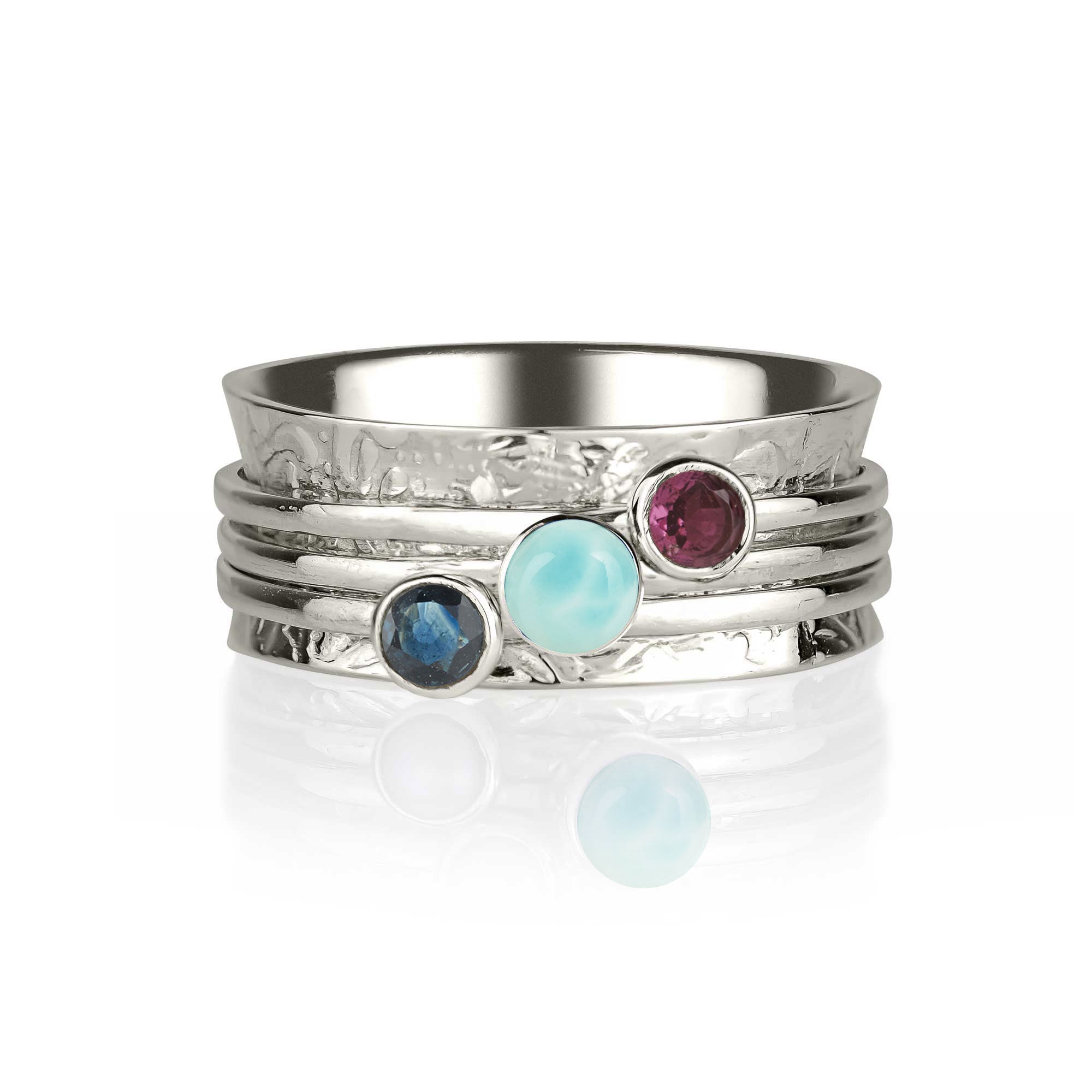 Sapphire, Larimar and Rhodolite gemstone spinning ring, Silver Spinning Ring, Gemstone Spinning Ring