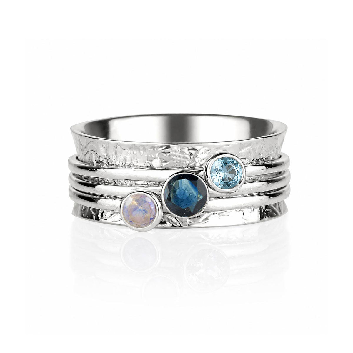 Sapphire, Moonstone and Blue Topaz Silver Spinning Ring