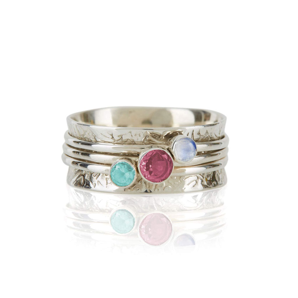 Tourmaline, aquamarine and moonstone silver spinning ring