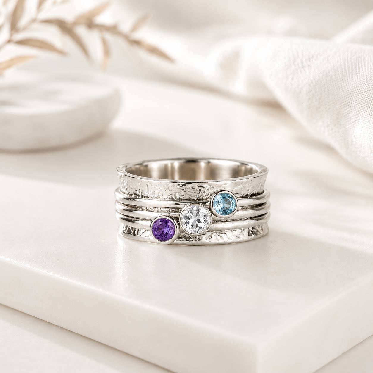 Silver floral embossed spinning ring, Gemstone spinning ring, Birthstone Spin Ring, Silver gemstone spinner ring