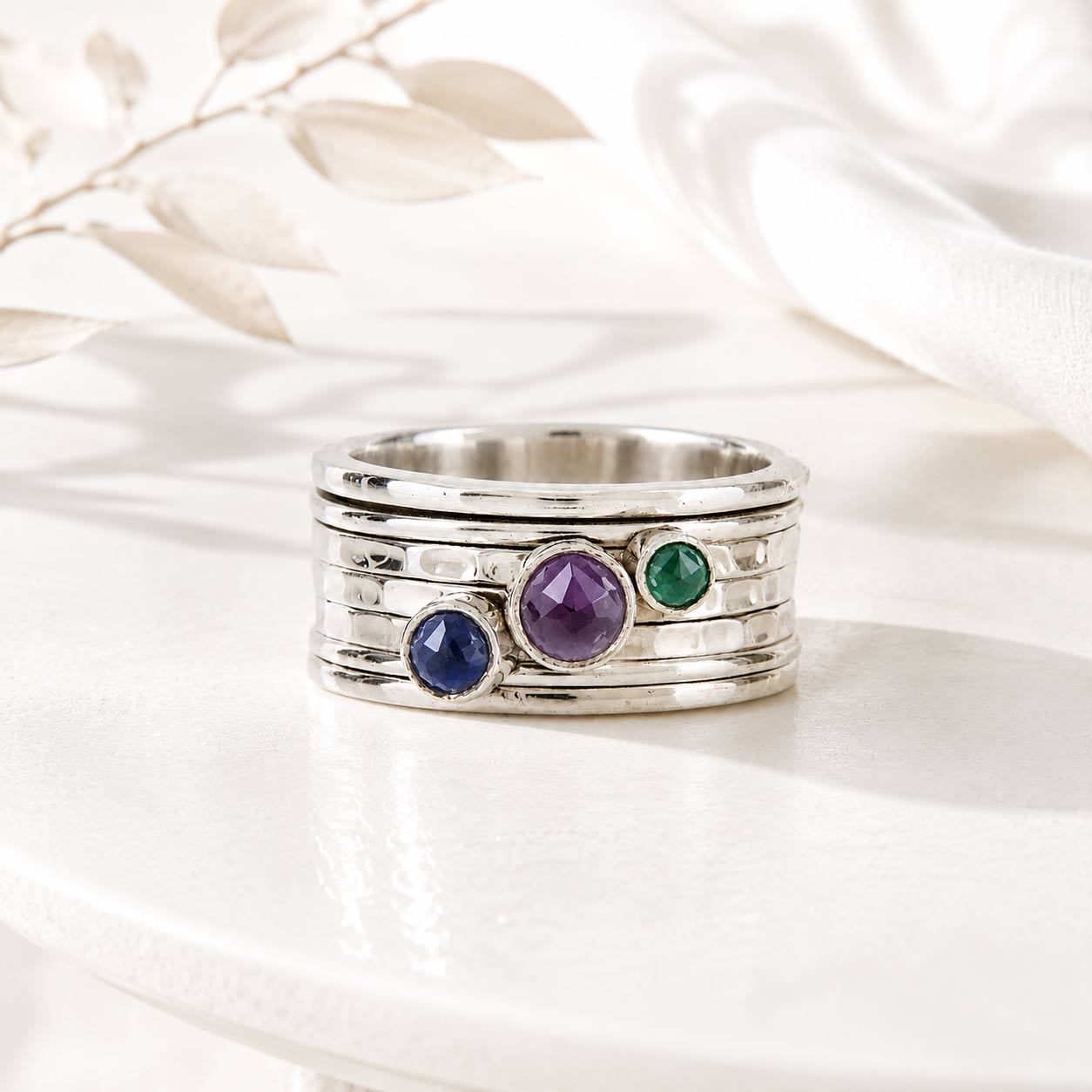 3 stone spinning ring, Gemstone spinning ring, Silver gemstone spinning ring, February birthstone, September birthstone, Emerald birthstone, Birthstone Spin ring