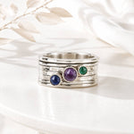3 stone spinning ring, Gemstone spinning ring, Silver gemstone spinning ring, February birthstone, September birthstone, Emerald birthstone, Birthstone Spin ring