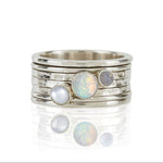 Handmade sterling silver spinner ring with Opal, Pearl, and Moonstone – size N
